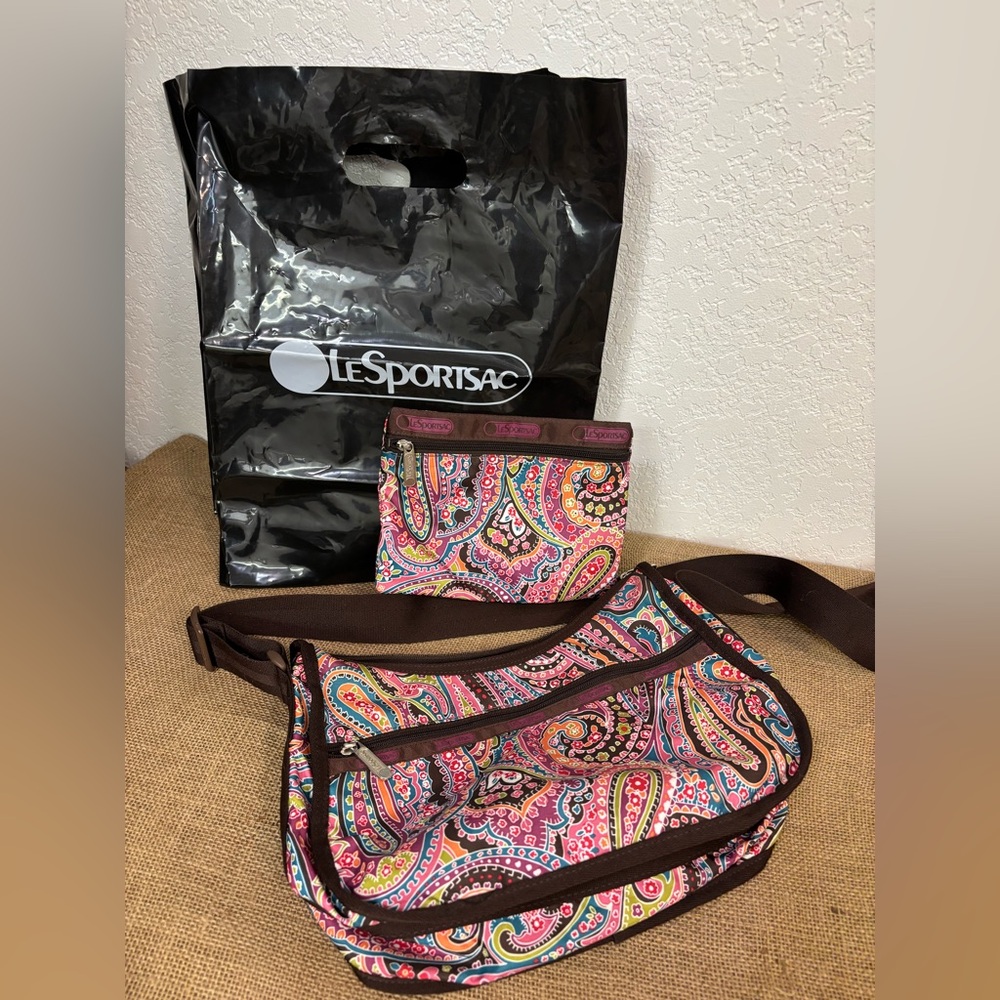 LeSportSac Crossbody Bag PINK Paisley Nylon Colorful Handbag Purse+ Cosmetic Bag